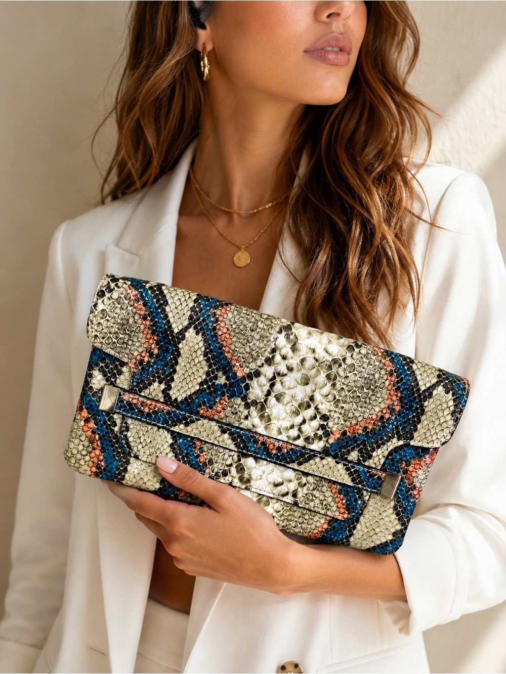 Zara Snake Print Clutch Bag Faux Leather Envelope Handbag Magnetic Blue Coral